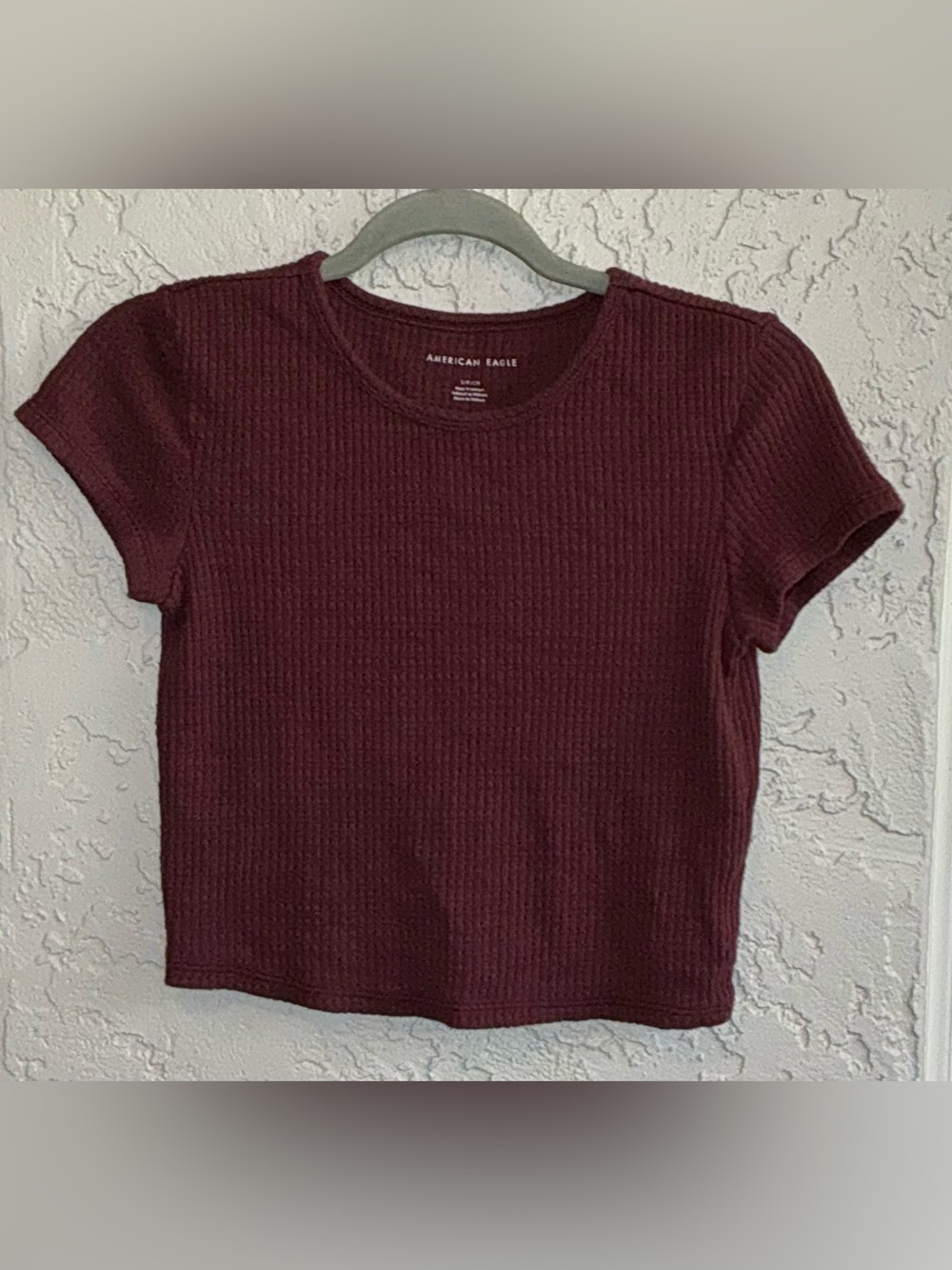 American Eagle Outfitters Burgundy Ribbed Short Sleeve Cropped Top